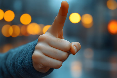 Close-up of a human hand making a pointing gesture against a blurred urban night backdrop with bokeh lights. the hand, dressed in a dark textured sleeve, suggests direction, focus, or attention in a contemporary environment. Generative AIの素材