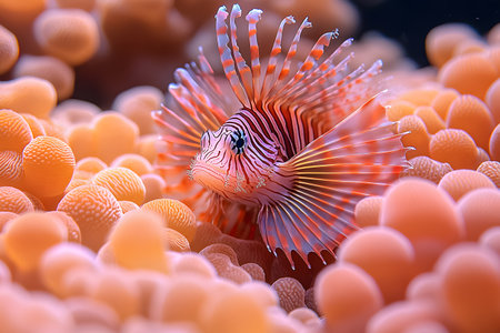 A striking lionfish gracefully swims amidst the vibrant coral reefs. its vivid stripes and elongated fins create a captivating contrast against the soft, textured coral, showcasing the beauty of marine ecosystems. Generative AIの素材