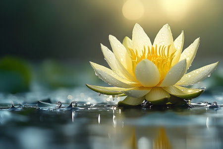 A serene yellow lotus flower adorned with dewdrops floats gently on a pond, illuminated by the soft glow of sunrise. the tranquil ambiance and natural beauty create a calming and peaceful scene, ideal for relaxation and meditation visuals. Generative AIの素材