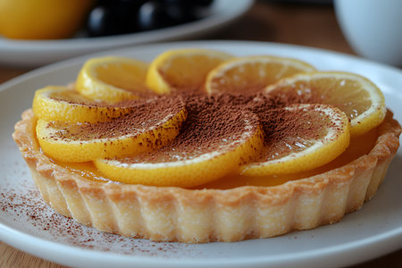 A mouthwatering lemon tart elegantly presented on a white plate, topped with fresh lemon slices and a dusting of cocoa powder. in the background, blurred fruits add a vibrant touch, enhancing the fresh and tangy appeal of the dessert. Generative AIの素材