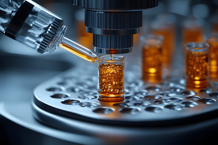 Close-up view of a chemistry lab setting featuring a dropper adding liquid to a test tube under a microscope. the scene highlights the meticulous process of pharmaceutical research and development in a professional laboratory environment. Generative AIの素材