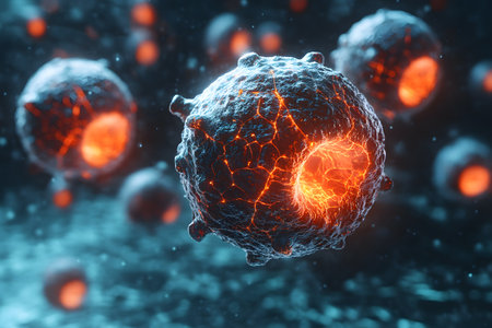 Microscopic imagery showcasing glowing cellular structures with a vibrant red and blue color scheme. highlights the intricate details of cellular formations, making it ideal for scientific presentations and educational materials. Generative AIの素材