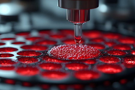 Advanced laboratory equipment precisely manipulating red liquid droplets on a high-tech platform. ideal for themes of innovation, scientific research, and technological advancement in labs and experiments. Generative AIの素材