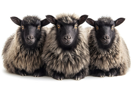 Three adorable black sheep lambs rest side by side, showcasing their fluffy wool against a white background. the serene expressions and symmetrical placement emphasize their cuteness and highlight natural farm life. Generative AIの素材