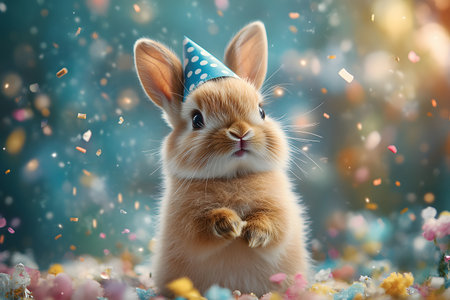 A cute rabbit wearing a polka dot party hat, surrounded by colorful confetti against a vibrant background. perfect for festive occasion designs, greeting cards, or playful decor themes. Generative AIの素材