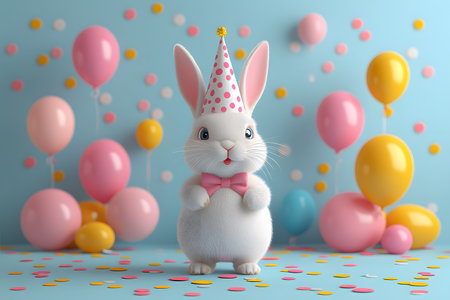 A whimsical white rabbit wearing a pink polka dot party hat and bow tie stands amidst cheerful pink, yellow, and blue balloons. the festive background features colorful confetti dotting the pastel scene, perfect for joyous celebrations. Generative AIの素材