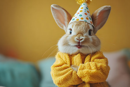 Cute bunny in a vibrant yellow sweater wearing a polka dot party hat. perfect for themes of celebration, joy, and festivity, adding a whimsical touch to event invitations, posters, and holiday cards. Generative AIの素材