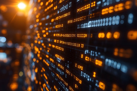 Close-up view of a dynamic digital data stream, showcasing glowing binary code and abstract technology patterns. perfect for illustrating concepts of innovation, cybersecurity, and advanced computing systems. Generative AIの素材