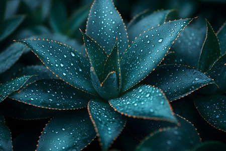 Succulent plant with water droplets on deep green leaves after rainfall, highlighted against a lush garden background, showcasing nature's beauty and resilience in detail and texture. Generative AIの素材