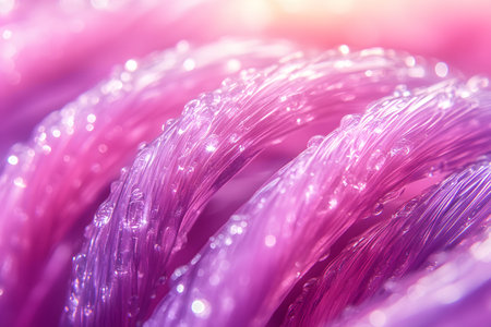 Vibrant close-up of pink, textured fibers bathed in soft, glowing light. the intertwining strands create a mesmerizing abstract pattern, perfect for use in modern designs, backgrounds, or artistic projects. Generative AIの素材