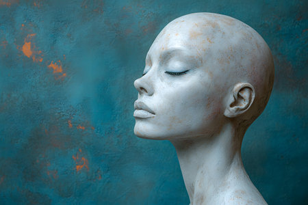 Side profile of a serene white stone sculpture with closed eyes set against a textured blue surface. highlights artistic detail, tranquility, and elegance, ideal for design inspiration or creative projects. Generative AIの素材