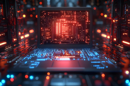 A dynamic visualization of a computer circuit board interface with glowing red and blue elements, evoking a sense of futuristic digital technology, innovation, and the complexity of modern computing systems. Generative AIの素材