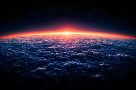 A breathtaking view of the earth's horizon as seen from space, showcasing a vibrant sunrise casting a warm glow over a sea of clouds. the endless expanse of outer space dotted with stars creates a serene and majestic atmosphere. Generative AIの素材