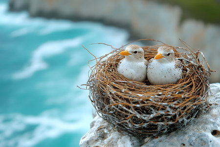Two realistic bird figurines rest in a carefully crafted nest perched on a rugged cliff, with a stunning ocean backdrop. the scene evokes themes of nature, tranquility, and creative decor, perfect for design inspiration. Generative AIの素材