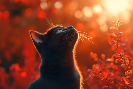Black cat gazing upward, enveloped in a vibrant autumn backdrop with warm sunlight. highlights textures and colors, capturing the beauty of nature and wildlife in a serene, atmospheric setting. Generative AIの素材