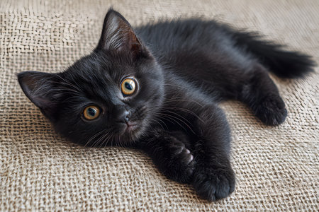 Young black kitten with striking eyes lounging on a textured burlap fabric, creating a charming and playful scene. ideal for pet-themed projects, posters, cards, and digital content. Generative AIの素材