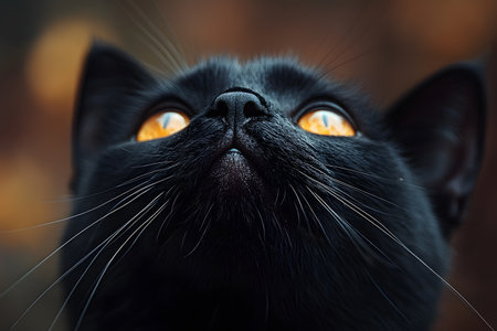 A close-up of a black cat gazing upward, set against a warm, autumnal backdrop. the striking amber eyes capture the essence of mystery and curiosity, making it ideal for halloween-themed designs and decorations. Generative AIの素材
