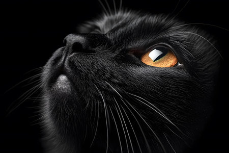 Detailed close-up of a black cat's face, focusing on its bright amber eye and glossy fur. the dark background emphasizes the cat s sleek features and captivating gaze, the elegance and mystery of feline beauty. Generative AIの素材