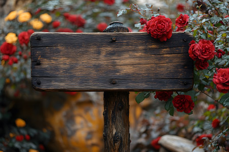 A weathered wooden sign stands amidst a garden of vibrant red roses. the richly textured wood contrasts beautifully with the lush red petals, creating a harmonious blend of nature and rustic charm. Generative AIの素材