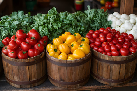 An assortment of fresh produce displayed in rustic wooden baskets, featuring bright red tomatoes, vivid yellow bell peppers, and lush green leafy vegetables. ideal for organic, farm-fresh food in culinary settings or healthy eating themes. Generative AIの素材