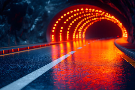 A sleek highway tunnel illuminated by bright red lights, reflecting on the wet road surface. this futuristic scene essence of modern transportation infrastructure and urban design, showcasing advanced engineering and aesthetic appeal. Generative AIの素材