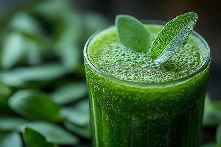 A vibrant green smoothie in a clear glass adorned with fresh leafy greens, symbolizing health, detox, and vitality. the focus on natural ingredients reflects a commitment to wellness and a balanced diet. Generative AIの素材