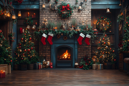 A warm, inviting living room adorned with christmas decorations, including a glowing fireplace, festive wreaths, stockings, and a beautifully decorated christmas tree. the scene is illuminated by candlelight, enhancing the holiday ambiance. Generative AIの素材