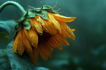 A striking sunflower bowing gracefully under a gentle rain, showcasing vibrant orange petals adorned with dewdrops. this serene moment tranquility and delicate beauty of nature, perfect for art prints. Generative AIの素材