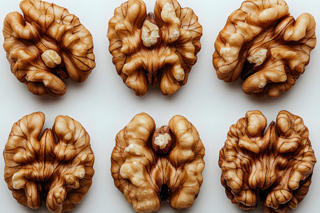 Six walnut halves are displayed on a white background, their intricate textures and natural patterns. the arrangement organic structure and rich details of the nuts, ideal for health and culinary themes. Generative AIの素材
