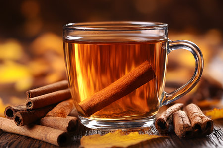 Glass mug filled with aromatic spiced tea and a floating cinnamon stick, surrounded by scattered cinnamon sticks and autumn leaves. the warm tones evoke a cozy, inviting atmosphere, perfect for fall. Generative AIの素材