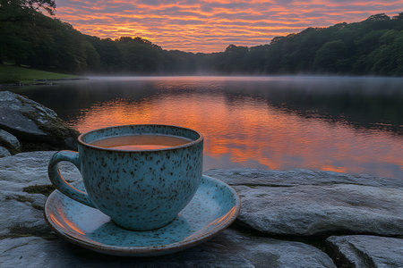 A peaceful morning scene featuring a steaming cup of coffee on a rocky shoreline. the lake reflects a vibrant sunrise, creating an atmosphere of calm and inspiration amid lush green forests. Generative AIの素材