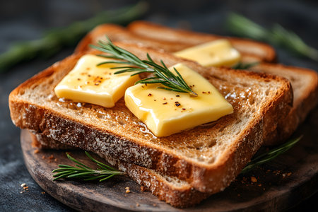 Gourmet toast features golden-brown slices topped with melted butter, garnished with fresh rosemary sprigs. the toasted bread's texture and the aromatic herbs create a visually appealing culinary presentation. Generative AIの素材