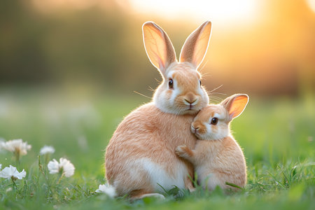 A heartwarming scene of a mother rabbit and her kit nestled together in a lush, sunlit meadow. surrounded by blooming wildflowers, the duo embodies the peaceful essence of spring and nature's nurturing bonds. Generative AIの素材