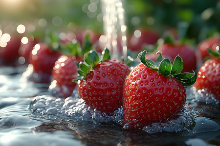 Close-up of vibrant red strawberries being gently rinsed with sparkling water, capturing the freshness and appeal. surrounded by lush greenery, illuminated by soft sunlight, ideal for food-related promotions and print materials. Generative AIの素材