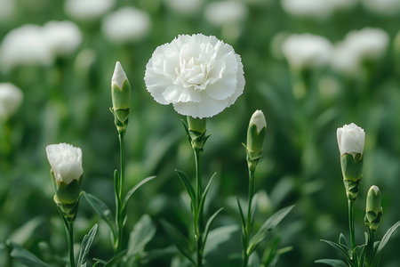 White carnation in full bloom stands prominently among budding counterparts in lush greenery. the vibrant contrast highlights the flower's delicate petals, symbolizing purity and elegance in a serene garden environment. Generative AIの素材