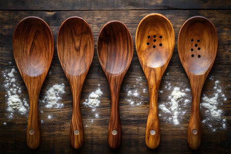 A set of five rustic wooden spoons, including one with perforations, lies on a wooden table sprinkled with flour. the warm tones and textures evoke a cozy, artisanal kitchen atmosphere, perfect for culinary-themed designs or rustic decor. Generative AIの素材