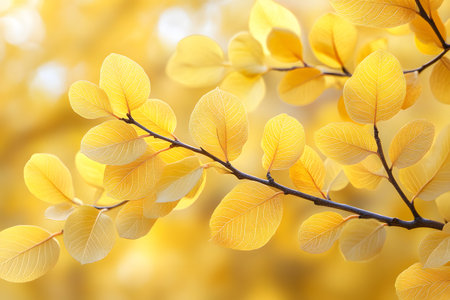 Vibrant yellow leaves bathed in sunlight create a golden autumnal display. the intricate details of the leaves and warm hues encapsulate the beauty and serenity of the fall season. Generative AIの素材