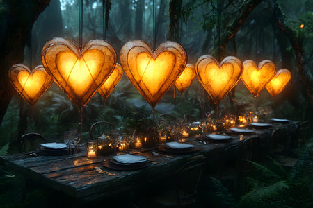 A magical dining setup in a misty forest featuring glowing heart-shaped lanterns above a rustic wooden table. the scene is adorned with intricate table settings and surrounded by lush greenery, creating an enchanting and romantic atmosphere. Generative AIの素材