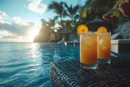 Two citrus cocktails sit on a wicker table by the ocean as the sun sets, creating a serene tropical atmosphere. palm trees in the background and the gentle waves enhance the feeling of relaxation and vacation. Generative AIの素材