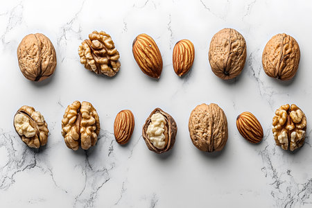 Walnuts and almonds are stylishly arranged on a white marble surface. the natural textures and shapes of the nuts create an aesthetically pleasing composition, ideal for concepts of healthy eating, nutrition, or culinary presentations. Generative AIの素材