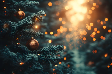 Holiday scene featuring a close-up of a christmas tree adorned with shiny ornaments and twinkling lights. the warm, golden glow and soft-focus background create a cozy, festive ambiance, perfect for seasonal celebrations. Generative AIの素材
