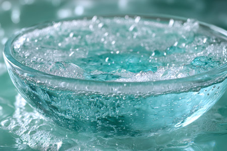A clear glass bowl filled with bubbling water creates a refreshing and invigorating visual. the bubbles and turquoise hue evoke a sense of tranquility and purity, ideal for spa, wellness, and relaxation themes. Generative AIの素材