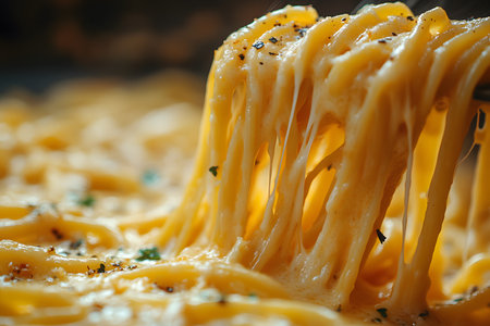 Close-up view of creamy, cheesy pasta strands being lifted by a fork, showcasing the rich texture and melted cheese. a sprinkle of herbs adds a touch of freshness to this gourmet italian dish, perfect for cooking inspiration. Generative AIの素材