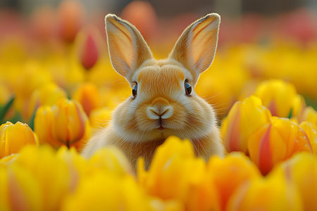 A charming rabbit peeks out amid a sea of bright orange and yellow tulips, embodying the warmth and joy of springtime and easter celebrations. ideal for seasonal design, whimsical prints, and nature-themed posters. Generative AIの素材