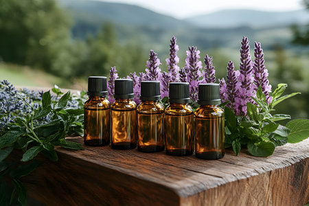 Amber glass essential oil bottles are arranged on a wooden surface, surrounded by vibrant purple flowers and lush greenery, set against a backdrop of serene, blurred mountains, evoking a peaceful spa atmosphere. Generative AIの素材