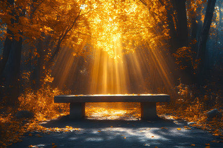 A serene forest scene in autumn, showcasing a wooden bench bathed in golden sunlight. sun rays pierce through the canopy, creating a magical atmosphere with vibrant fall foliage. ideal for nature-inspired decor or seasonal designs. Generative AIの素材