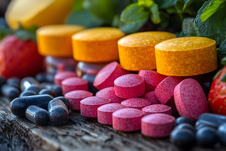 Assorted multivitamin and supplement pills in vibrant colors arranged with fresh strawberries and green leaves on a wooden surface, emphasizing health, nutrition, and natural wellness in a visually appealing setting. Generative AIの素材