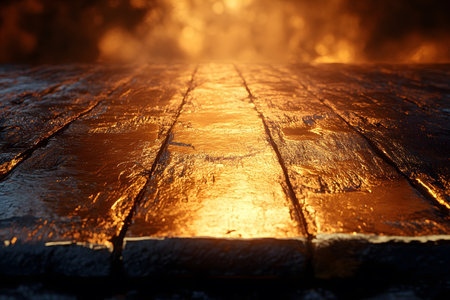 A rustic wooden table captured in warm, golden lighting, evoking a cozy autumn atmosphere. the wood's rich texture and natural imperfections reflect the light beautifully, creating a serene and inviting scene ideal for seasonal design themes. Generative AIの素材