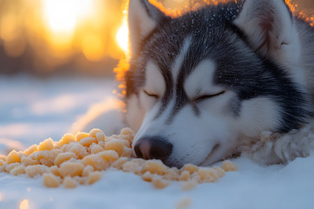 A serene siberian husky rests on a snowy surface as the golden sunset casts a warm glow, the gentle, fluffy snowflakes. the tranquil scene calm beauty of a winter landscape. Generative AIの素材