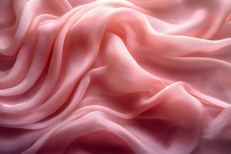 Luxurious pink silk fabric creates gentle, flowing waves, showcasing a soft, elegant texture. the smooth surface and natural folds highlight its quality, making it ideal for fashion designs, interior decor, and textile inspiration. Generative AIの素材